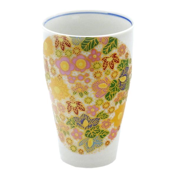 九谷焼 吉右衛門窯フリーカップ 花詰 ピンク九谷焼金ラベル（素地：石川県産、加飾：九谷焼産地）素材：磁器サイズ：径7.4cm×高さ11.6cm箱：紙箱作：吉右衛門窯このフリーカップは、色鮮やかな花柄が施された美しいデザインが特徴です。黄色、...