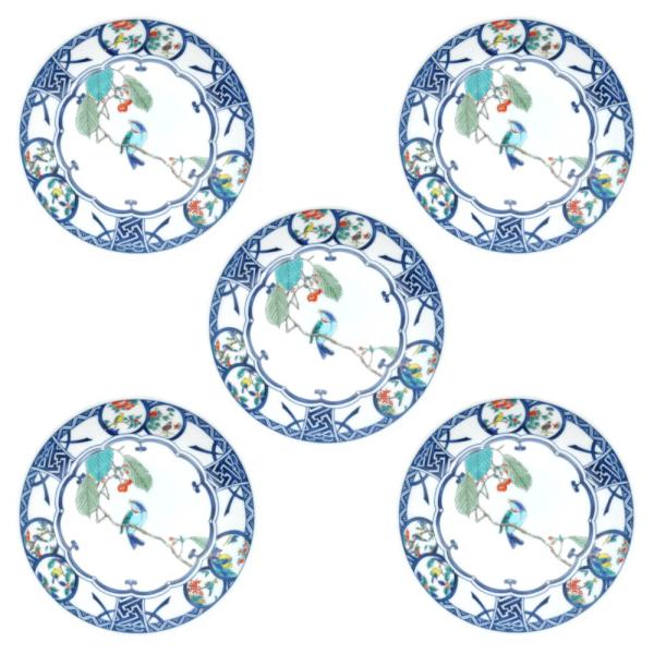 九谷焼 ＼在庫限り／ 青風窯5.8号皿揃（5枚セット）染付丸紋花鳥
