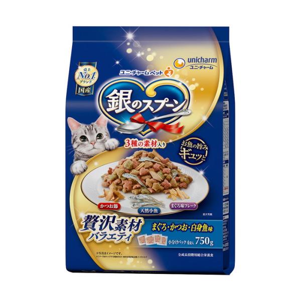 他サイト： (あわせ買い1999円以上で送料お得)ユニ・チャーム ペット 銀のスプーン 贅沢素材バラエティ まぐろ かつお 白身魚味 750gの商品画像