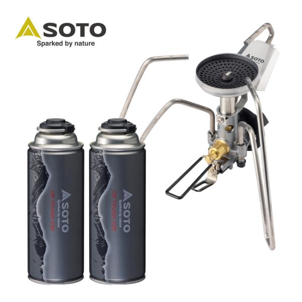 セット内容1）SOTO レギュレーターストーブ TriTrail ( トライトレイル ) ST-3502）SOTO カセットガス CB TOUGH220 ( シービー タフ ) ST-712　2本● SOTO レギュレーターストーブ Tri...