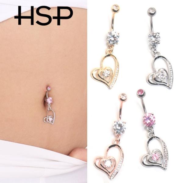 へそピアス 14G ダブルハートダングル バナナバーベル ボディピアス 