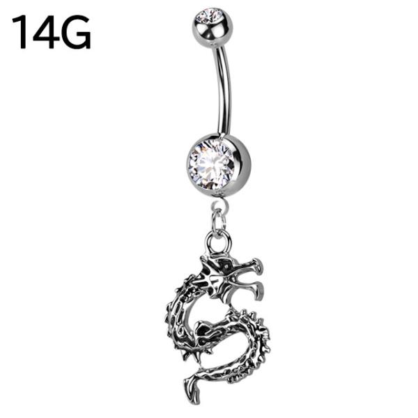 ヘソピアス 14G ドランゴン 龍 ダングル ダブルジュエル バナナバーベル ジュエリー ボディピアス へそピ ボディピ 316L サージカル ステンレス