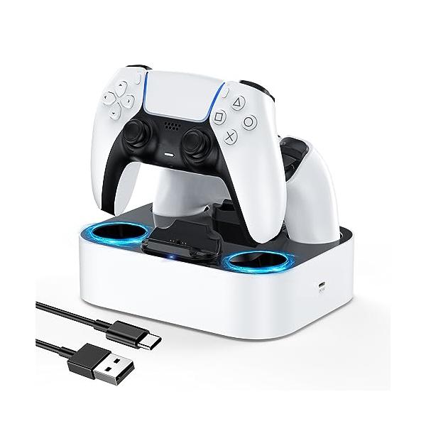 カラー：ホワイト【2台同時充電可能】このPS5 コントローラー 充電スタンドは、PS5 コントローラーを2台同時に充電できるため非常に便利です。充電時間＜3時間。ご注意：オリジナルの充電器アダプターまたは5 V/3 A出力のアダプターを使用...
