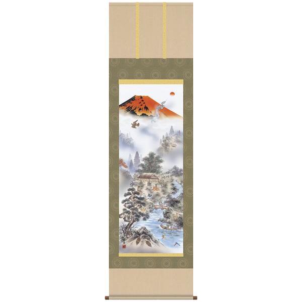 縁起画掛け軸で開運の空間を創造する！一幅の掛軸が床の間を演出いたします！鮮やかな紅に染まり美しい雄姿を誇る霊峰「赤富士」を背に、「鷹」が飛翔し、実を成す「茄子」が実り、風水「四神相応」の理想の地には大入の形に見える「五鯉跳」が泳ぎ、無病息災...