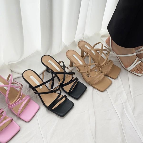 サンダル スクエアトゥ 履きやすい 痛くない レザータッチ アンクルストラップ ヒール ピンヒール トレンド デイリー シンプル R Honeyflash ハニーフラッシュ 通販 Yahoo ショッピング