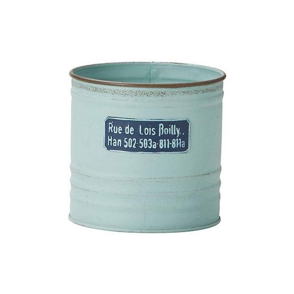 ジャンクテイストでオシャレなブリキポットです。ハーブや多肉植物を植えたり、ガーデンツールの収納にも使えます♪SIZE：直径10.0cm　高さ10.0cm　内径直径9.5cm素材：TIN※穴あり※プラスチックカップ付き※文字はエンボス加工