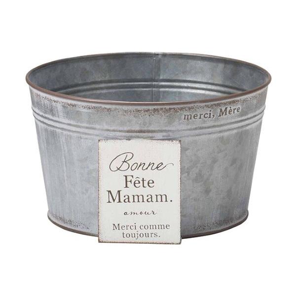 ジャンクテイストでオシャレなブリキポットです。ハーブや多肉植物を植えたり、ガーデンツールの収納にも使えます♪SIZE：直径21.0cm　高さ12.0cm　内径直径20.5cm素材：TIN※穴あり※プラスチックカップ付き※文字はプリント加工