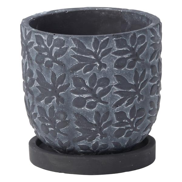 小さな葉が描かれたアンティークな雰囲気の植木鉢です。受皿付きなので置き場所にも困りません。多肉植物やハーブなどグリーンがよく合います♪