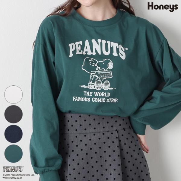 トップス Tシャツ ロンＴ 長袖Tシャツ カットソー 長袖 スヌーピー プリント 刺繍 綿100％ クルーネック レディース Honeys ハニーズ スヌーピー／ロンＴ