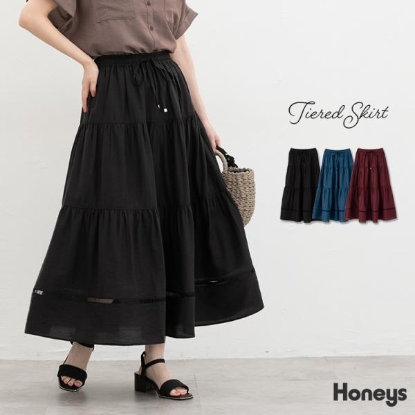 ボトムス スカート ロングスカート ロング丈 ティアード はしごレース レーヨン混 麻混 シアー素材 レディース Honeys ハニーズ ティアードスカート