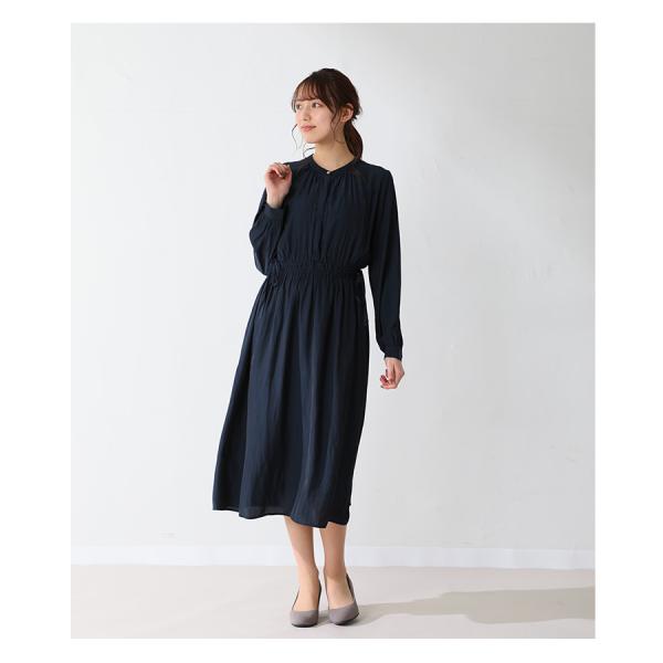 安全 ワンピース 長袖 ウエストゴム ひざ丈 レディース ボリューム袖 春 Sale セール Honeys ハニーズ バンドカラーワンピース Web限定llサイズ有 売買