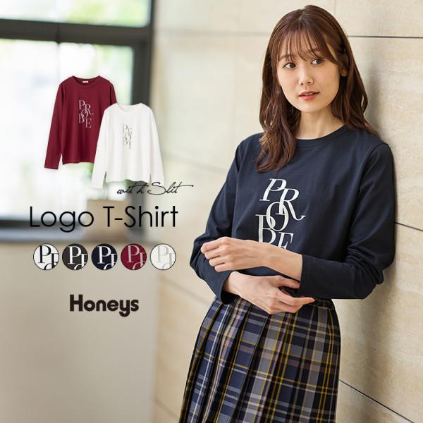 トップス カットソー 長袖 綿混 スリット クルーネック シンプル レディース SALE Honeys ハニーズ ロゴプリントＴシャツ