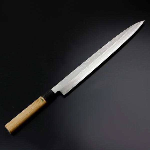 柳刃包丁 330mm 片刃 青紙鋼 墨流し 水牛柄 規格外品 : ほんまもん