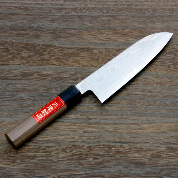 おけや作 三徳包丁 青柄 ダマスカス 黒仕上げ 刃渡り16.5cm 調理用包丁 名入れ無料 三徳包丁 両刃 165mm 青紙鋼 割込み ステンレス