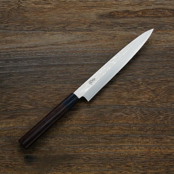 重勝 柳刃包丁 片刃 210mm 白紙鋼 鋼付 積層鋼 紫檀丸柄 しのぎ 重勝 柳刃包丁 片刃 210mm 白紙鋼 鋼付 積層鋼 紫檀丸柄 しのぎ