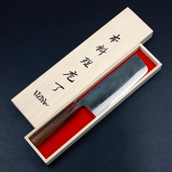 元兼 菜切り包丁 165mm 両刃 青紙スーパー 割込み 黒打ち仕上げ 木