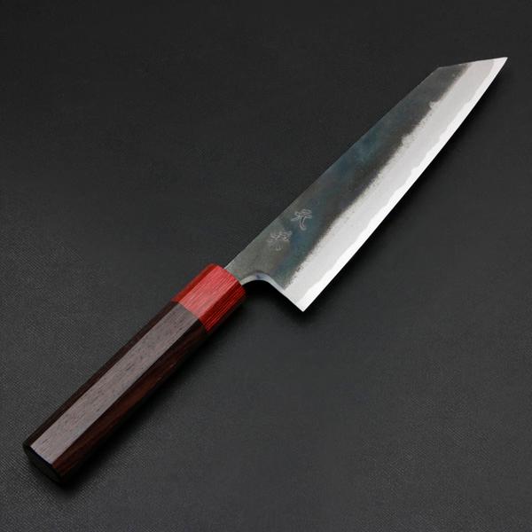 元兼 切付型 牛刀 180mm 両刃 青紙スーパー 割込み 黒打ち仕上げ 切付 包丁 赤口輪紫檀八角柄 土佐打ち刃物 極上品