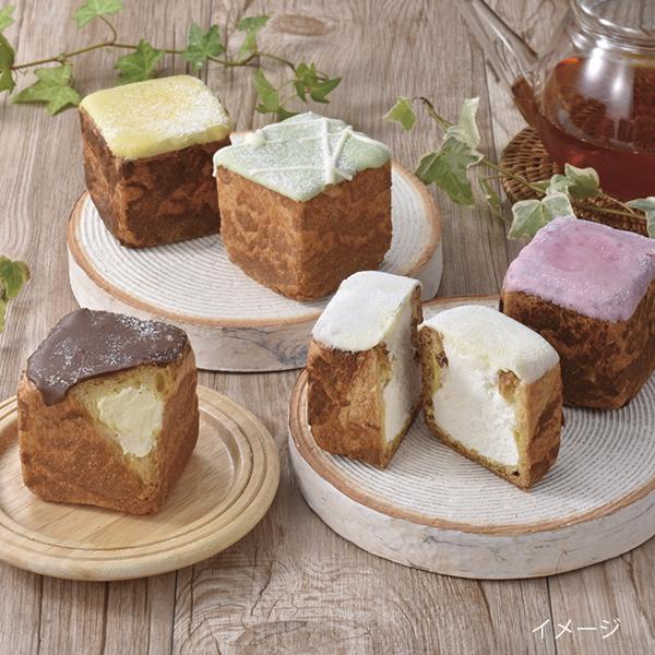 四角く焼いたシュークリームの中にクリームを入れチョコレートでコーティングしました。（カスタード・ミルク・ストロベリー・メロン・レモン各1個）