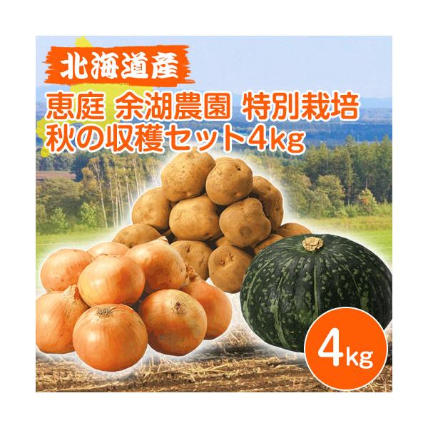 北海道産 恵庭 余湖農園 特別栽培 秋の収穫セット 4kg＜じゃがいも(キタアカリ) 1.5kg、玉ねぎ 1.5kg、かぼちゃ(1.2kg以上) 1個＞｜代引不可｜配達日時指定不可