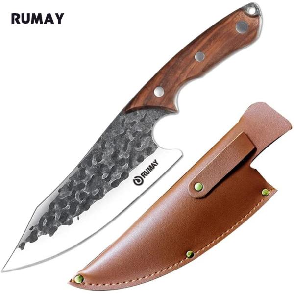 即納 RUMAY ボーニングナイフ バトニング ナイフ 肉切り包丁 筋切り 骨スキ 刃渡り170mm 槌目 ステンレス 鋼 アウトドアナイフ フルタング 送料無料 ダマスカス