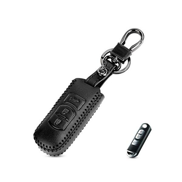 Flymylion Mazdaキーケース マツダキーカバー レザー スマートキー ケース 傷防止 汚れ ブラック 三つボタン 収納ボックス付き 滑り 即納送料無料