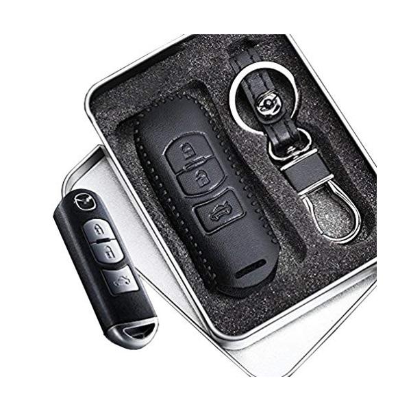 Flymylion Mazdaキーケース マツダキーカバー レザー スマートキー ケース 傷防止 汚れ ブラック 三つボタン 収納ボックス付き 滑り 即納送料無料