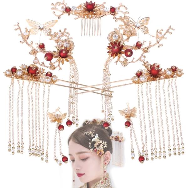 バリエーションコード : 2B2C2OXNX2・中国の豪華な髪飾りで、イヤリング・髪飾り3点（かんざしタイプ・クリップタイプ・コームタイプ）の4種類の飾りがセットになっています。すべて着用して豪華にヘアセットもできるし、ワンポイントとして使...