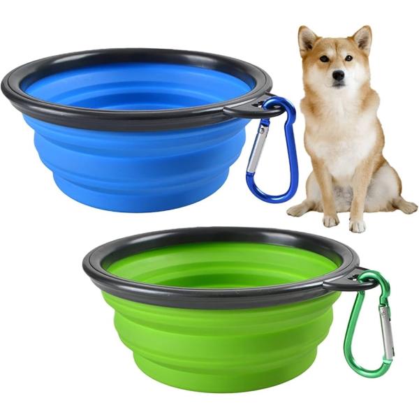 折り畳み式 ペットボウル 350ml 2個セット 折りたたみ 皿 食器 コンパクト 携帯 ドッグラン 犬 猫(ブルー＆グリーン)
