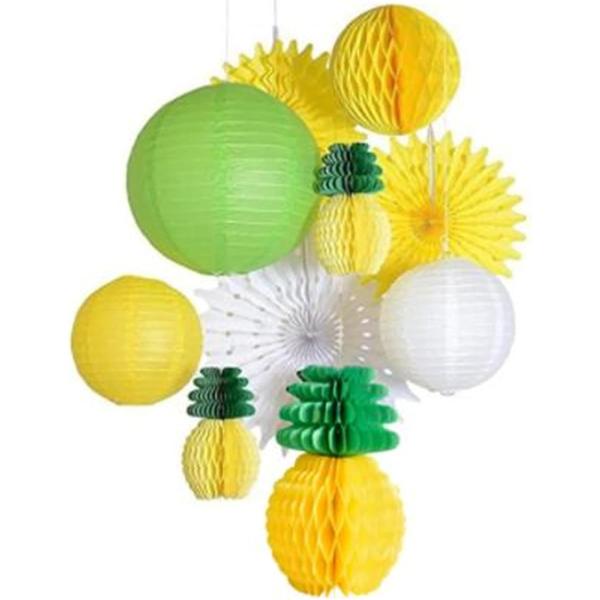 ・夏のハワイアンパーティーやお祭り、お誕生日会、結婚式、七夕、地蔵盆、、ホームパーティー等のイベントにオススメの飾り付けセットになります。・紙提灯やペーパーファン、パイナップル型や丸型のハニカムボールの飾り付けセットになります。・セット内容...