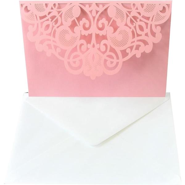 メッセージカード グリーティングカード レーザーカット ポケット付き 三つ折り レース風 封筒 白紙カード付き 結婚祝い MDM(ピンク)