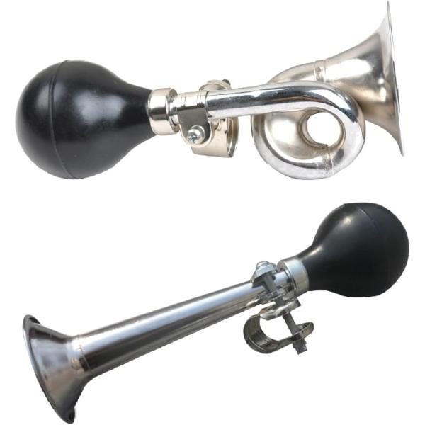 「商品内容」自転車のハンドルに取り付けられるラッパホーン（渦巻き型とストレート型）の2個セットです。ラバー部分を押すだけで簡単に音が出るラッパは昔懐かしい「パフパフ」音色の違いを楽しめます。レトロなラッパホーン　応援グッズとしても使用できま...