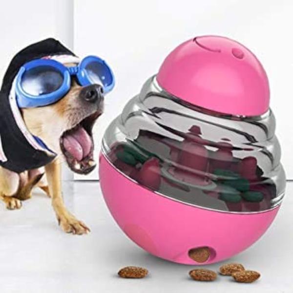 ペット用食器 起き上がりこぼし 食べながら運動 遊びながら食べる 早食い防止 ワンちゃんが夢中になるおもちゃ 安全 丈夫( ピンク)