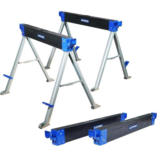 高耐荷重：合計1000kg (1脚あたり500kg)まで積載可。コンパクト収納：脚を折りたたみ収納時や輸送時のスペースを節約可能。高い安定性：特許出願中の2x4サポートアームにより、2x4材を利用して強固に固定できます。ワークテーブルに変身...