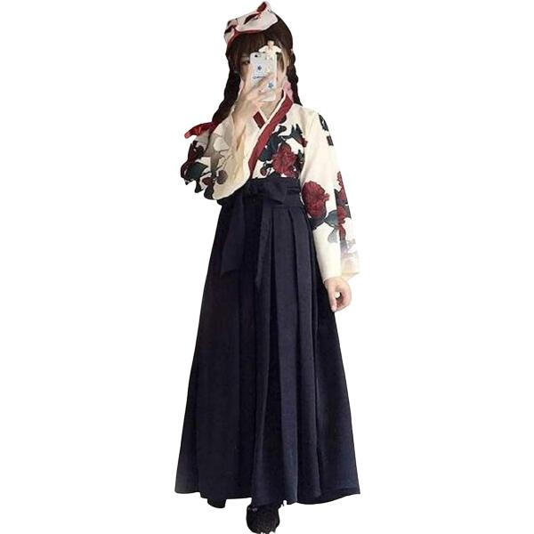 レディレイジー 大正ロマン 袴 和服 着物 和装 コスプレ 衣装 ロング 女装 仮装 レディース 浴衣 薔薇 バラ柄(ブラック,  L)