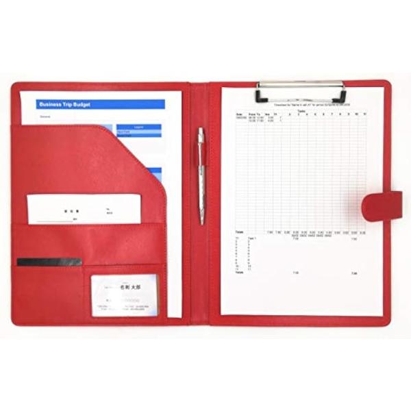 PU レザー クリップ ボード ファイル サイズ 書類 フォルダ バインダー カード ポケット ペン ホルダー 搭載 事務(赤, A4)