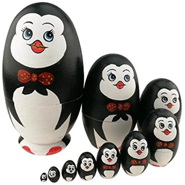 ふるさと割 可愛い蝶ネクタイをつけるペンギン 卵の形 マトリョーシカ人形 手業 手塗り 木製品 10個組 贈り物 誕生日プレゼント 飾り物 子供の おもちゃ