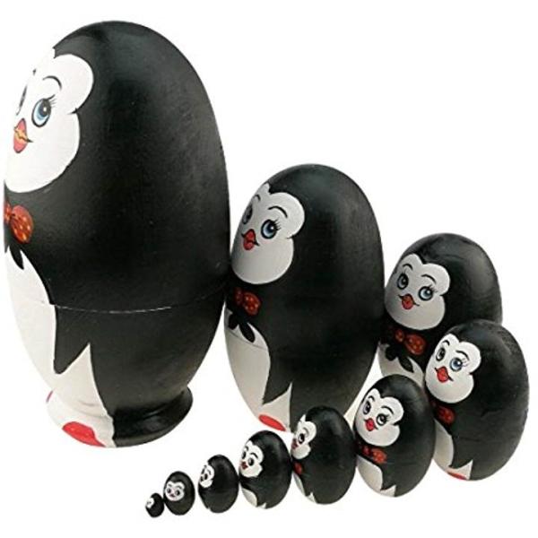 ふるさと割 可愛い蝶ネクタイをつけるペンギン 卵の形 マトリョーシカ人形 手業 手塗り 木製品 10個組 贈り物 誕生日プレゼント 飾り物 子供の おもちゃ