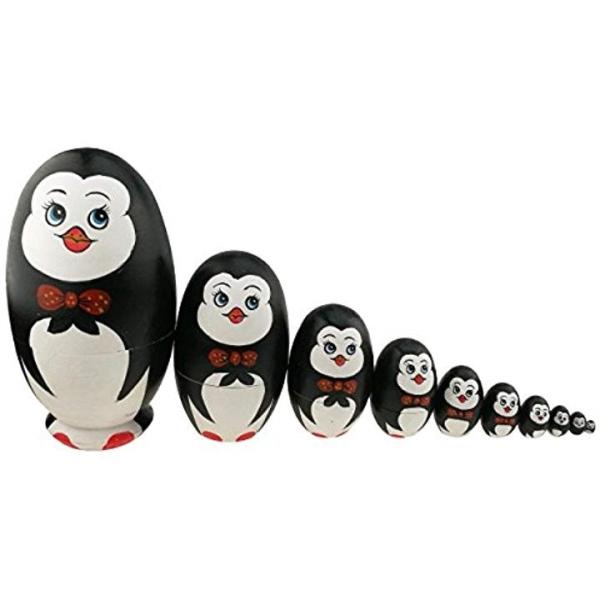 ふるさと割 可愛い蝶ネクタイをつけるペンギン 卵の形 マトリョーシカ人形 手業 手塗り 木製品 10個組 贈り物 誕生日プレゼント 飾り物 子供の おもちゃ