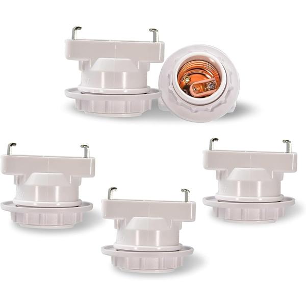 製品仕様:商品名：E26口金 角型引っ掛けンプソケットカラー：白いセット: 5個セットサイズ: 高さ4.4cmx幅3.1cmx長5.2cm適合負荷: 0-250V，50/60Hz専用150W(6A)まで適合重量: 3kgまで適合電球：E26...