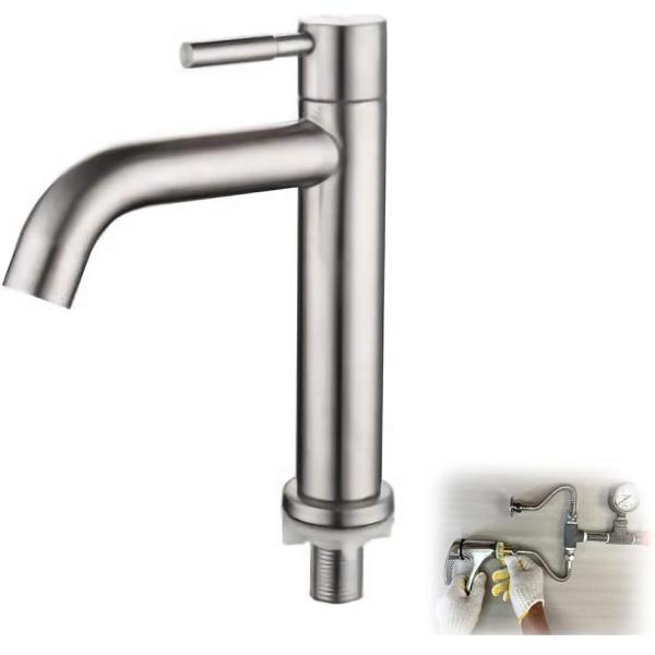洗面用 シングルレバー 単水栓 ステンレス製 ロング水栓 蛇口 立水栓 手洗いボウル (A型 高さ185mm 単水栓)