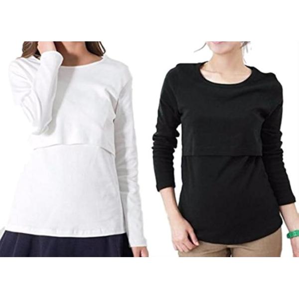 授乳服 授乳口付き 長袖 Tシャツ カットソー マタニティ ウエア 選べる カラー ロンT 2枚 セット 白 x 黒(白 x 黒)
