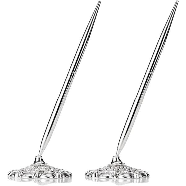 受付ペン 署名ペン デスクペン スタンド付 ボールペン ホテル フロント 結婚式 ウェディング 応接間 (シルバー/2本セット)