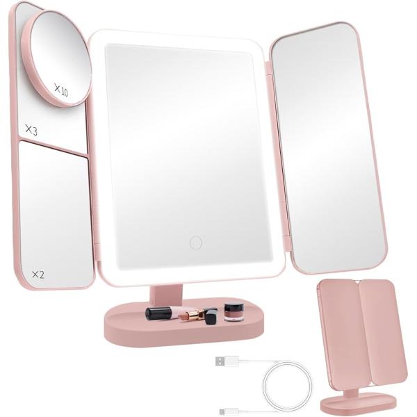 LEDライト3色切替 大きめ三面卓上ミラー ピンク