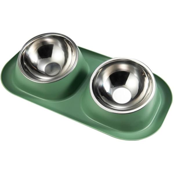 フードボウル ステンレス ペット エサ入れ 猫 ご飯 小型犬 食器代 水飲み 皿 15度 傾斜 食べやすい (グリーン)