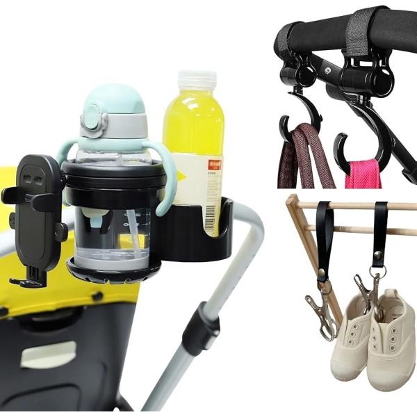他サイト： ベビーカー 2個置き + スマホホルダー ブランケットクリップ フック セット 黒 哺乳瓶 ペットボトル 360? 回転(ブラック)の商品画像