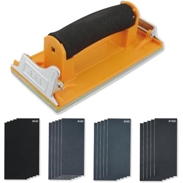 使い勝手の良いハンドサンダーと4種類の紙やすりが5枚ずつ計20枚セットです。手動ならではの細かな調整をしていただくことで木工製品の削りすぎなどを防ぎご自身の希望となる完成形を目指すことができます。「多用途で使えるプロ並み仕上げ」 様々な研磨...