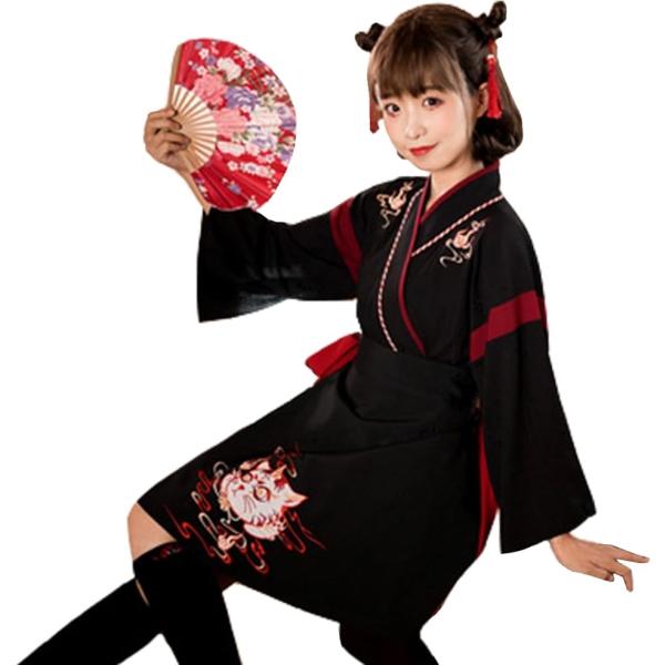 大正ロマン 袴 コスプレ 猫 着物 和装 和服 ロリィタ ネコ柄 ハロウィン ショート丈 黒 Mサイズ(ブラック)