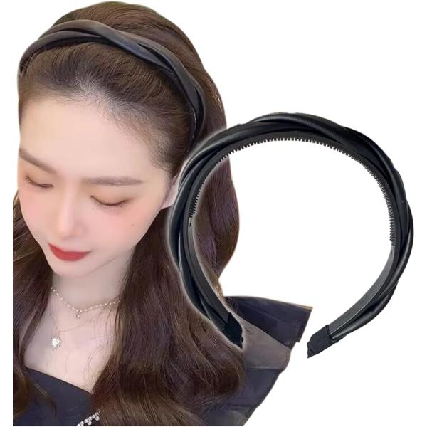 カチューシャ フェイクレザー ヘアバンド クロス ねじり ツイスト (ブラック,  中)