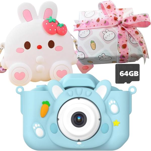 64GB ポシュエット付きキッズカメラ トイカメラ 子供用カメラ ゲーム機能 音楽プレーヤー 8倍ズーム(ブルー,  02.ラッピング)