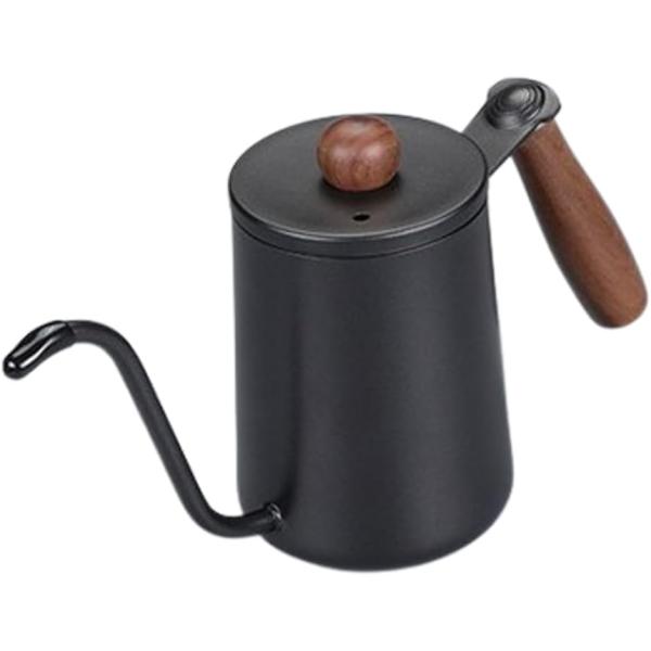 コーヒーケトル ドリップポット 細口ドリップケトル 直火 蓋付き 小型 シンプル クルミ材 目盛線内蔵 (ブラック,  0.4 L)